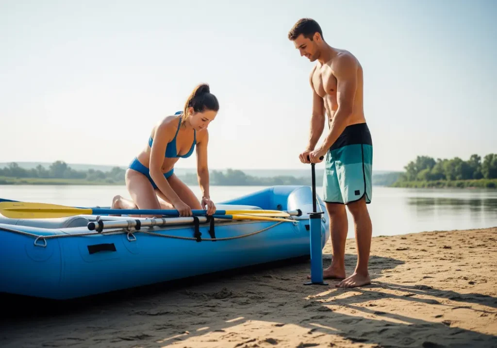 A full-body shot of a fit couple on a riverbank preparing their raft, with the woman securing a spare breakdown paddle to the frame.