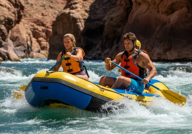 rafters-reading-river-features A full-body shot of a young man and woman in a raft, safely navigating a whitewater rapid by reading the river's currents.