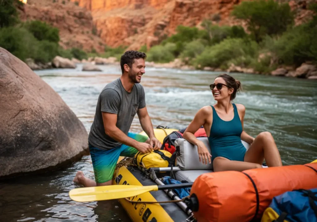 Full-body horizontal shot of a fit couple in swimwear relaxing and laughing on their raft in a calm river eddy during golden hour