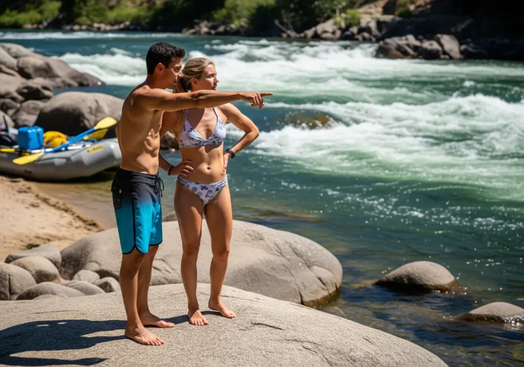 A fit couple in swimwear stands on a rock beside a river, pointing at and scouting a rapid before navigating it in their raft.