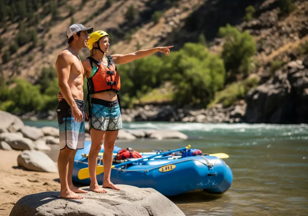 Full-body shot of a man and woman in rafting gear standing on a rock, planning their route through a rapid downstream.