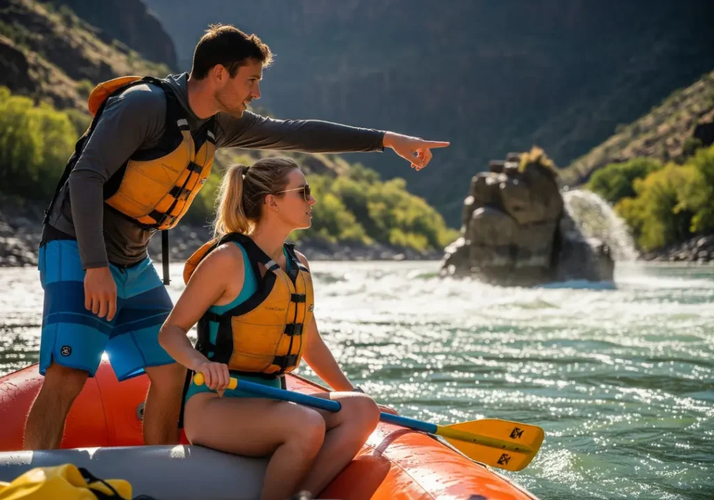 A man and woman in a raft pause to scout a difficult rapid ahead, analyzing the flow of the water.