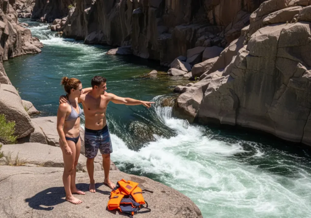 A full-body shot of a young couple standing on a rock, assessing the risk of a dangerous river hydraulic from the shore.