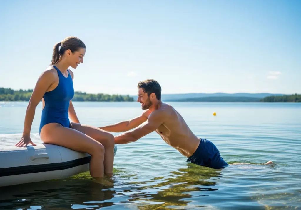 A fit couple in their late 20s practices raft self-rescue techniques in the calm, clear water of a lake on a sunny day.