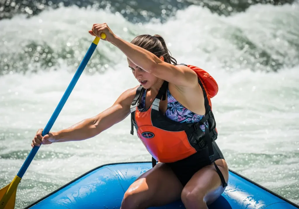 Full-body shot of a female rafter in a one-piece swimsuit demonstrating the high-brace paddling position that makes the shoulder vulnerable to dislocation.