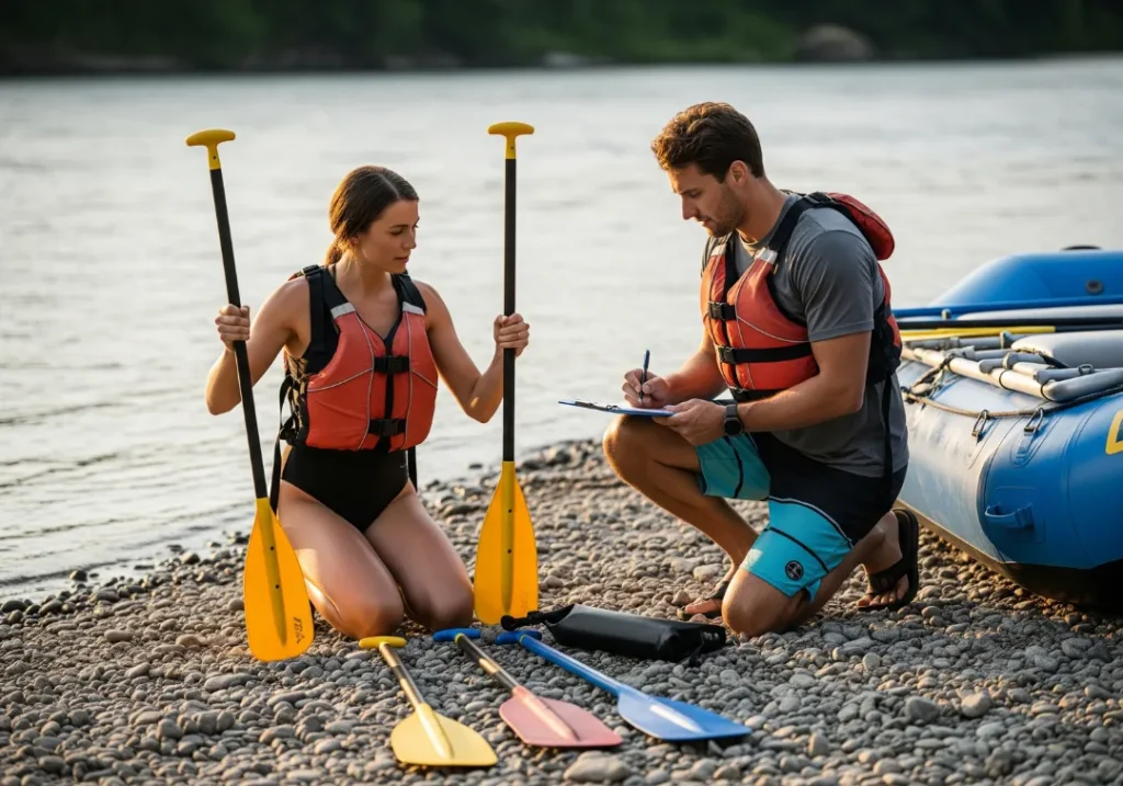 A fit couple in their late 20s on a riverbank, meticulously testing and taking notes on a selection of different rafting paddles.
