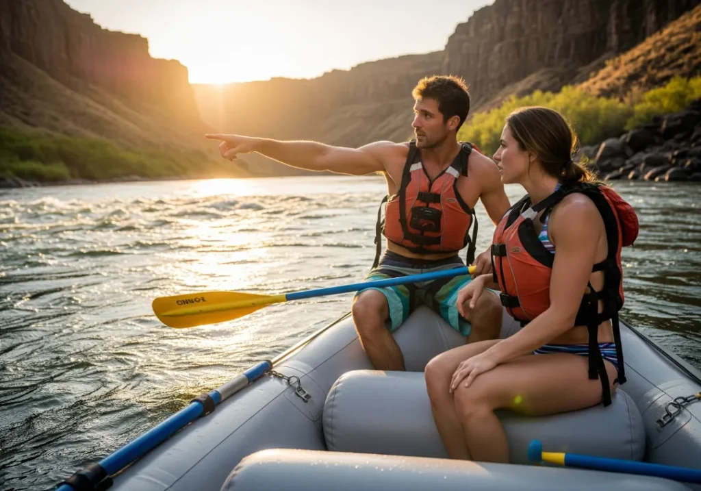 A man and woman in a raft, safely stopped in an eddy, planning their route through the next downstream rapid.