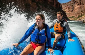 Outfitter-Tested Splash Jackets: A Definitive Guide A fit man and woman in their late 20s, wearing splash jackets and PFDs over swimsuits, paddle an inflatable raft through whitewater rapids on a sunny day.