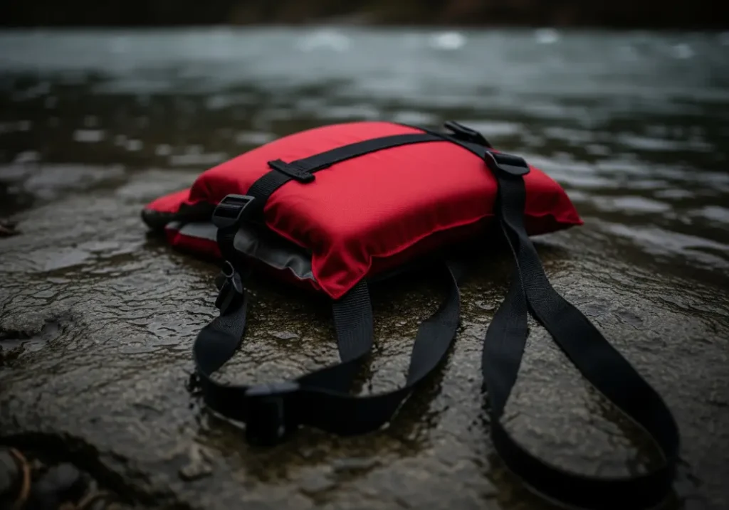 A single, unbuckled red PFD left on a dark, wet rock by the river, symbolizing the importance of safety gear in accident prevention.