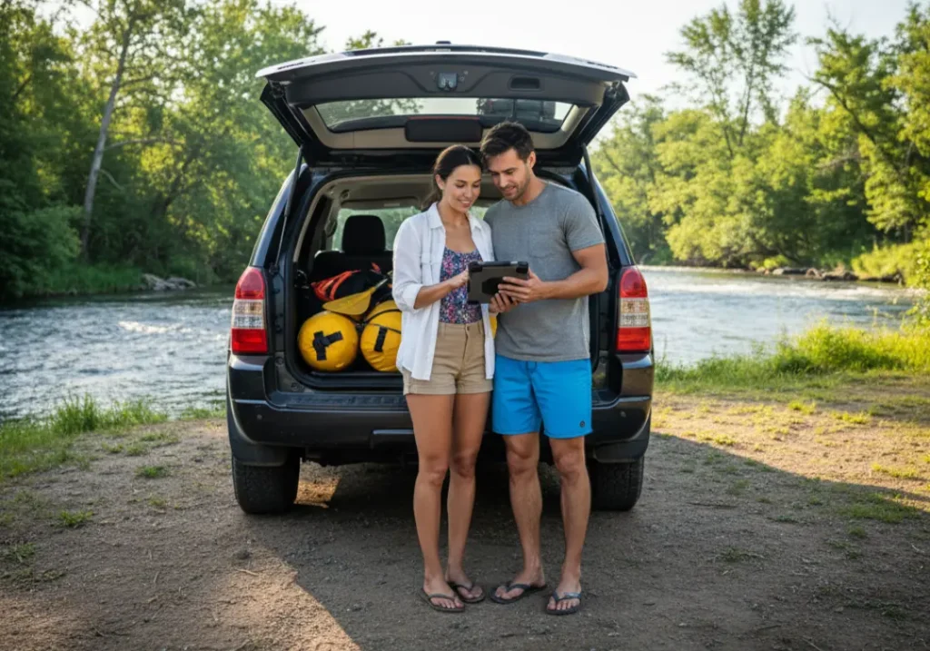A full-body shot of a young couple in river attire planning their trip over a map at the back of their SUV near a river.