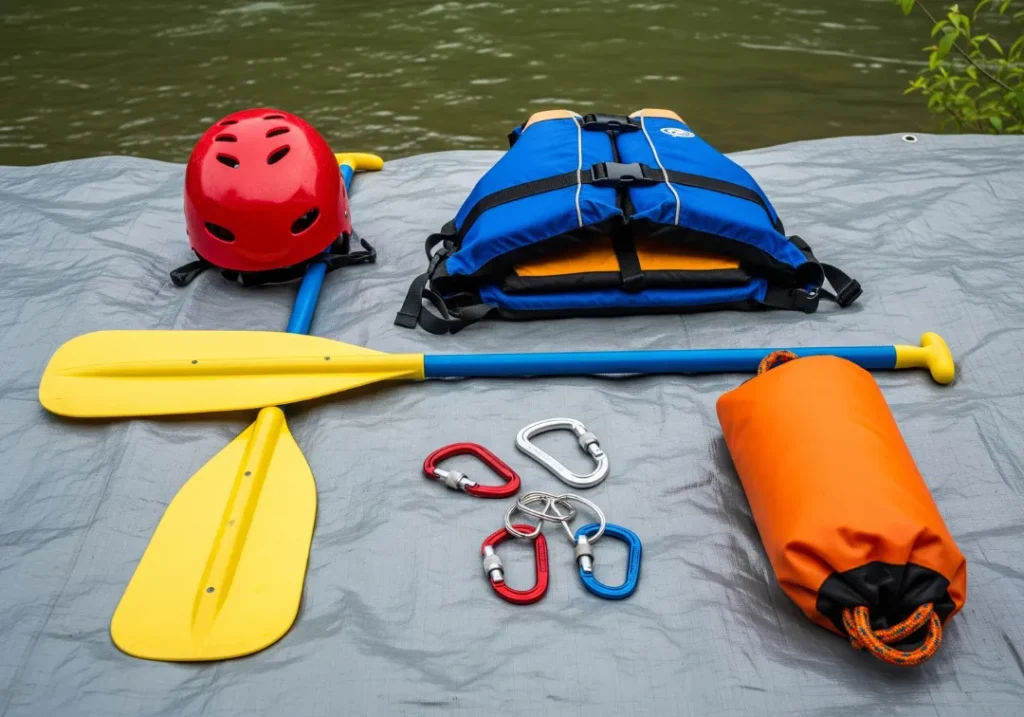 Neatly organized whitewater rafting gear, including a helmet, PFD, and paddle, laid out on a tarp beside a river, suggesting preparation.