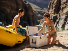 Rafting Cooler Guide: Matching the Cooler to Your Trip A full-body shot of a young man and woman on a riverbank next to their raft, getting food from a large white rafting cooler under the bright sun.
