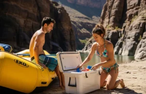 Rafting Cooler Guide: Matching the Cooler to Your Trip A full-body shot of a young man and woman on a riverbank next to their raft, getting food from a large white rafting cooler under the bright sun.
