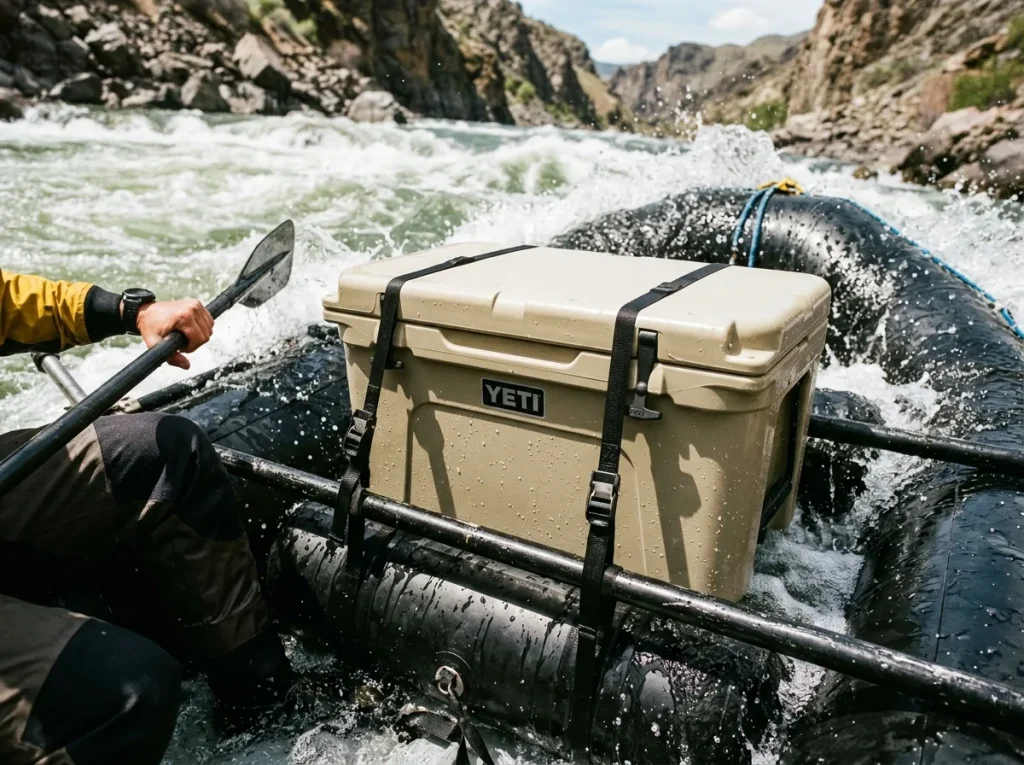 Rotomolded cooler strapped through tie-down slots into a raft frame in splashing whitewater