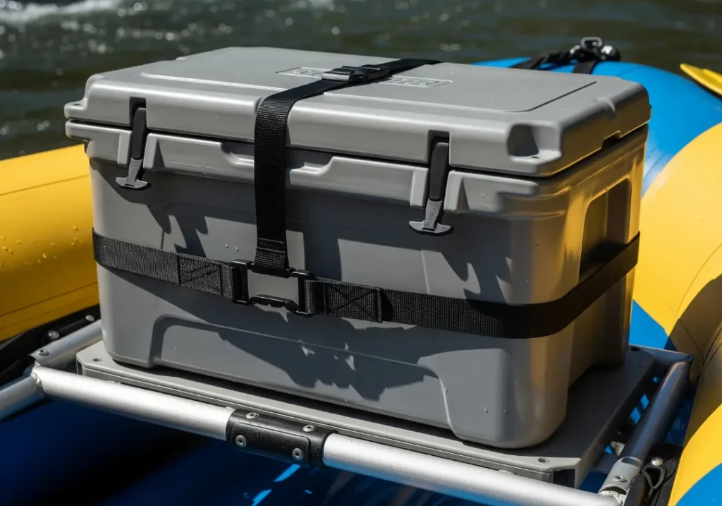 A medium shot of a white rotomolded cooler showing the integrated tie-down slot securely strapped into a metal raft frame.