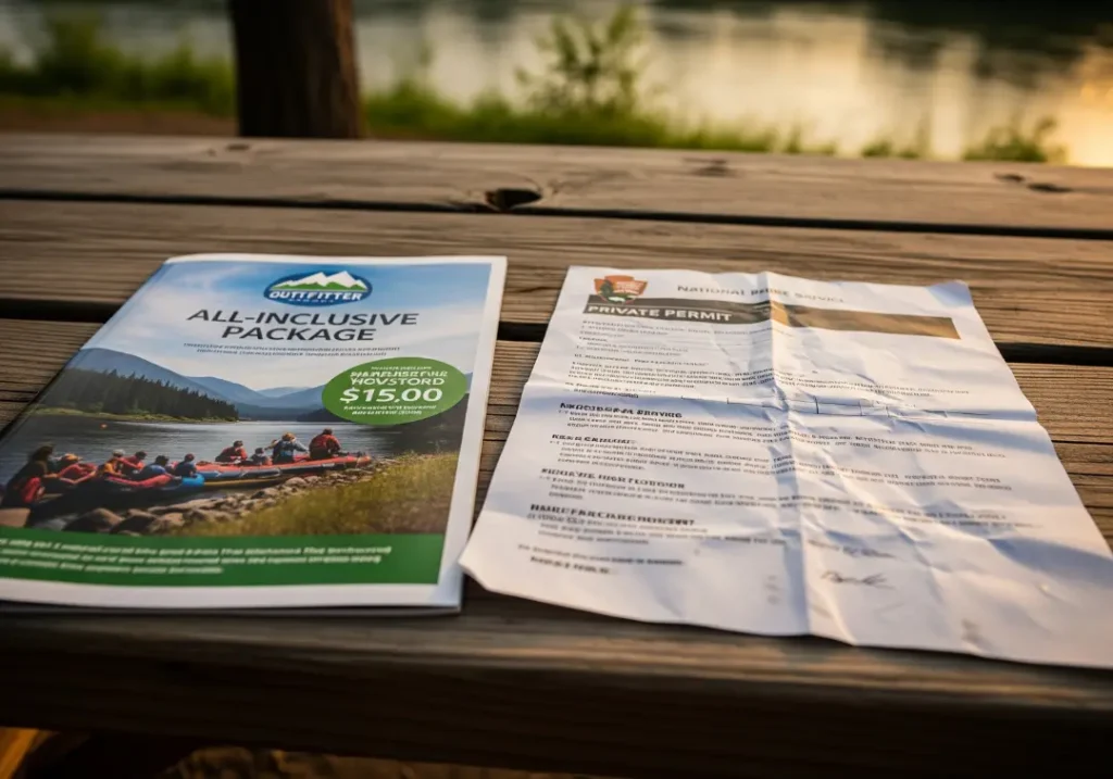 A commercial outfitter's glossy price list lying next to a crumpled private permit application, symbolizing the two cost systems for rafting the Grand Canyon.