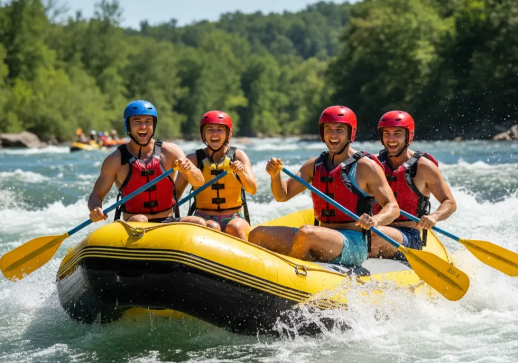 A full-body horizontal photo of four friends in their late 20s laughing and rafting through whitewater rapids on a sunny day.