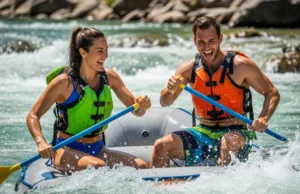 Which Rafting PFD Fits Your River Style? Expert Picks A fit man and woman in their late 20s wearing PFDs and swimwear, laughing as they paddle a raft through whitewater rapids on a sunny day.