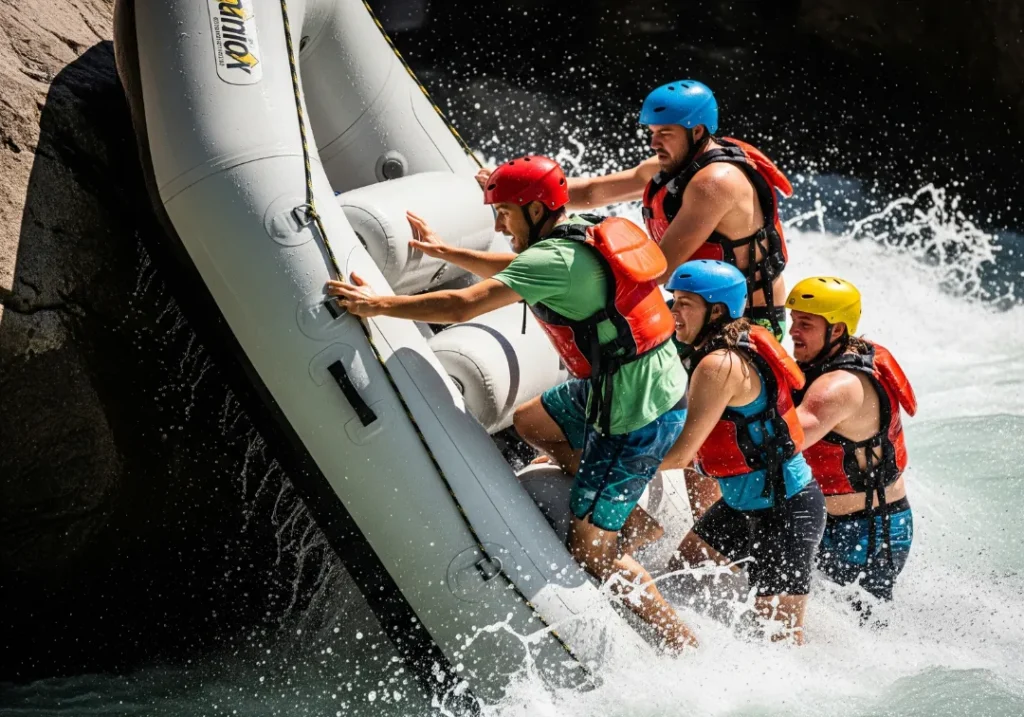 A full-body action shot of a rafting crew scrambling to the high side of the raft to prevent it from flipping against a rock in whitewater.
