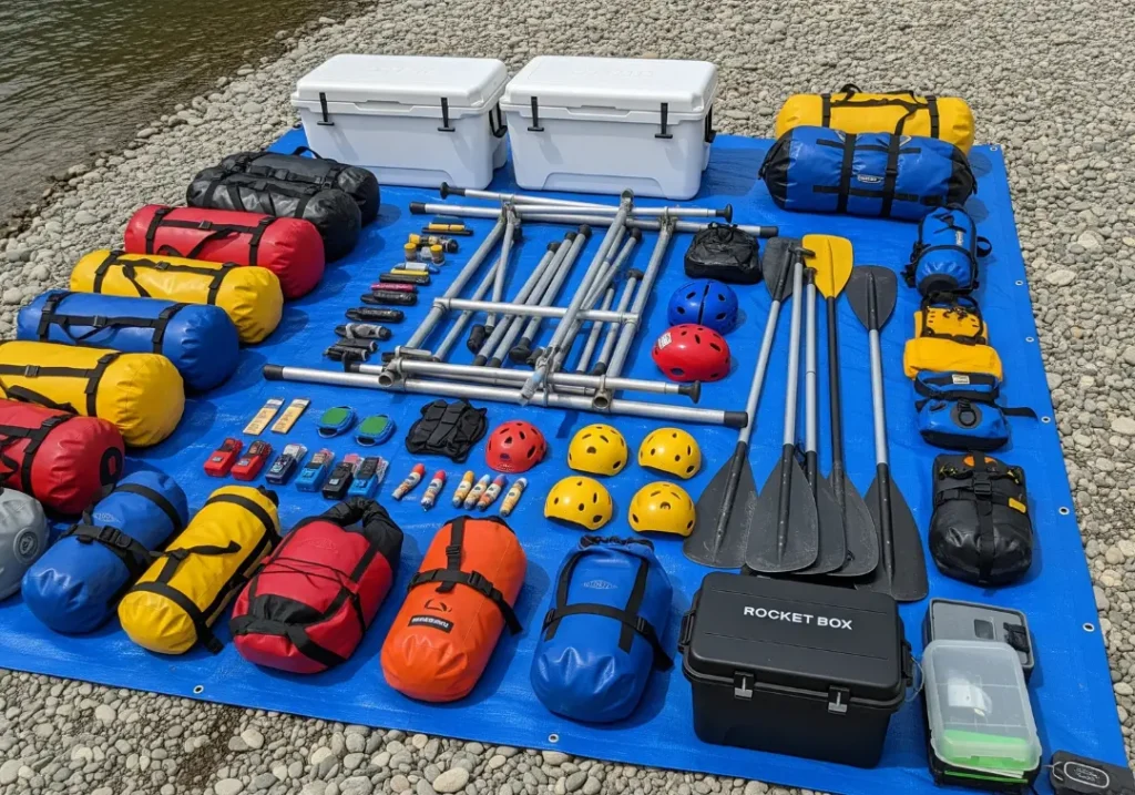 An overhead view of all the necessary expedition gear for a multi-day rafting trip, including dry bags, coolers, and kitchen equipment, neatly organized on a tarp.