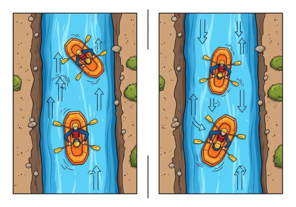 An infographic comparing a Back Ferry and a Downstream Ferry in rafting. The Back Ferry panel shows a boat angled downstream rowing backward for control. The Downstream Ferry panel shows a boat rowing forward aggressively to cross the current with power.
