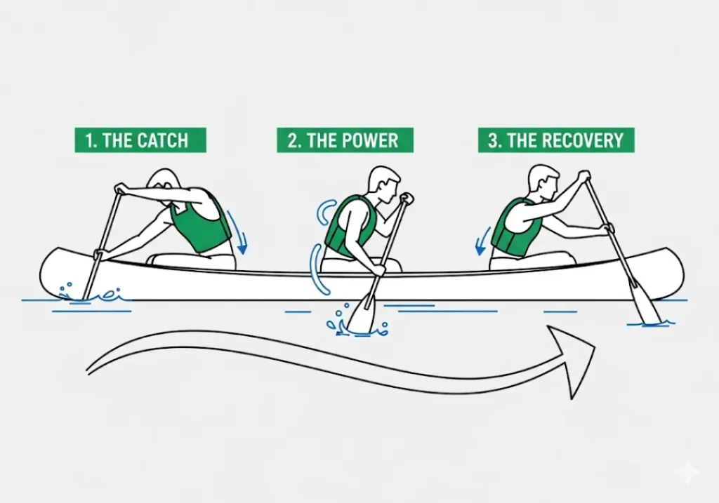 A three-panel diagram illustrating the correct forward paddle stroke. The panels show 'The Catch' with torso rotated forward, 'The Power' from unwinding the core, and 'The Recovery' lifting the blade