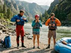 Rafting Gear Checklist by River Class 1 to 5 Rafters in full safety gear at river put-in checking PFD and helmet fit before Class III rapids