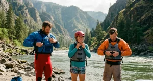 Rafting Gear Checklist by River Class 1 to 5 Rafters in full safety gear at river put-in checking PFD and helmet fit before Class III rapids