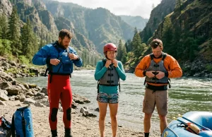 Rafting Gear Checklist by River Class 1 to 5 Rafters in full safety gear at river put-in checking PFD and helmet fit before Class III rapids