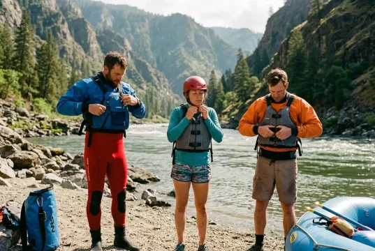Rafting Gear Checklist by River Class 1 to 5 Rafters in full safety gear at river put-in checking PFD and helmet fit before Class III rapids