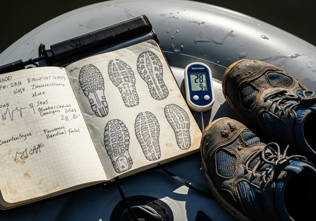 A close-up on a raft showing a waterproof notebook with test notes next to a muddy water shoe and a water thermometer.