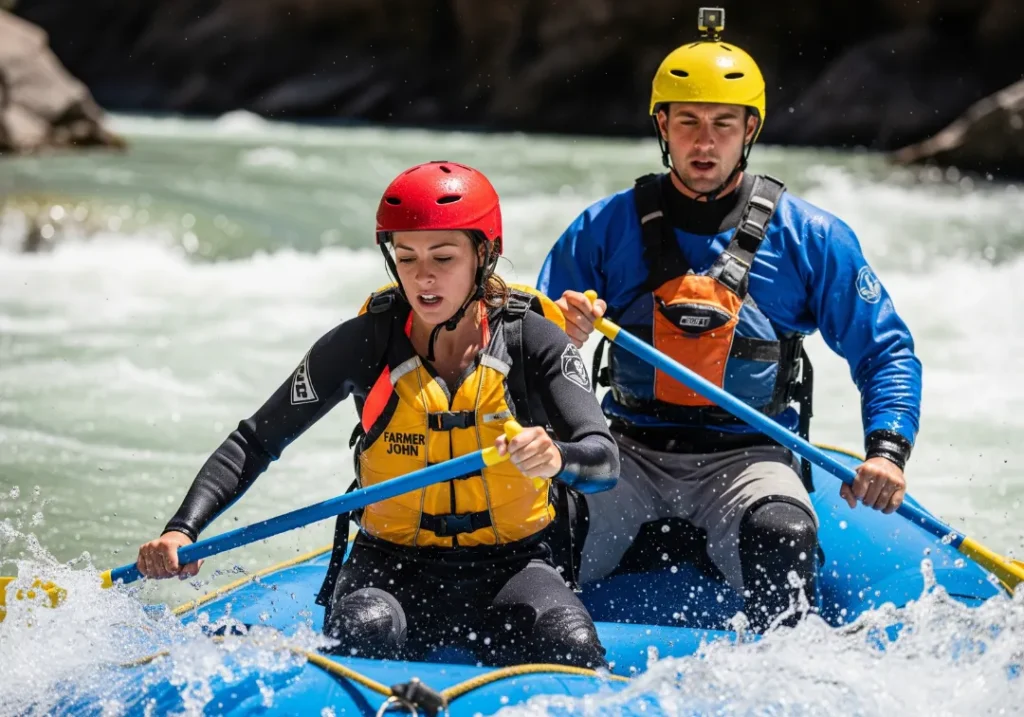 A man in a drysuit and a woman in a wetsuit paddle their raft through whitewater, demonstrating their gear selection process.