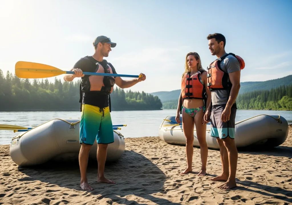 A river guide gives a pre-launch safety briefing to a young couple on the riverbank, demonstrating how to hold a paddle.