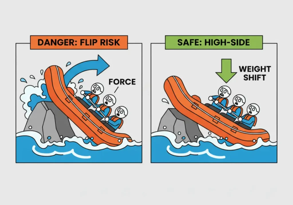An infographic diagram in two panels explaining the rafting "high-side" command. The first panel shows a raft in danger of flipping after hitting a rock. The second panel shows the crew moving to the high side of the raft to stabilize it and prevent the flip