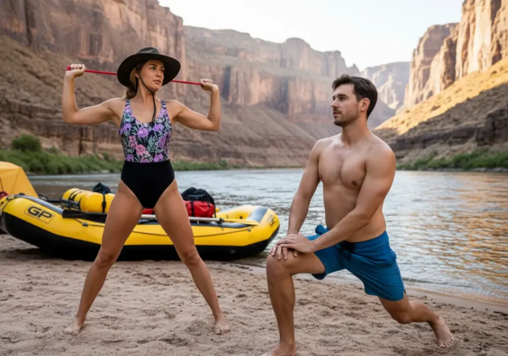 A fit man and woman in their late 20s stretch and perform mobility exercises on a riverbank next to their raft, demonstrating safe training practices.