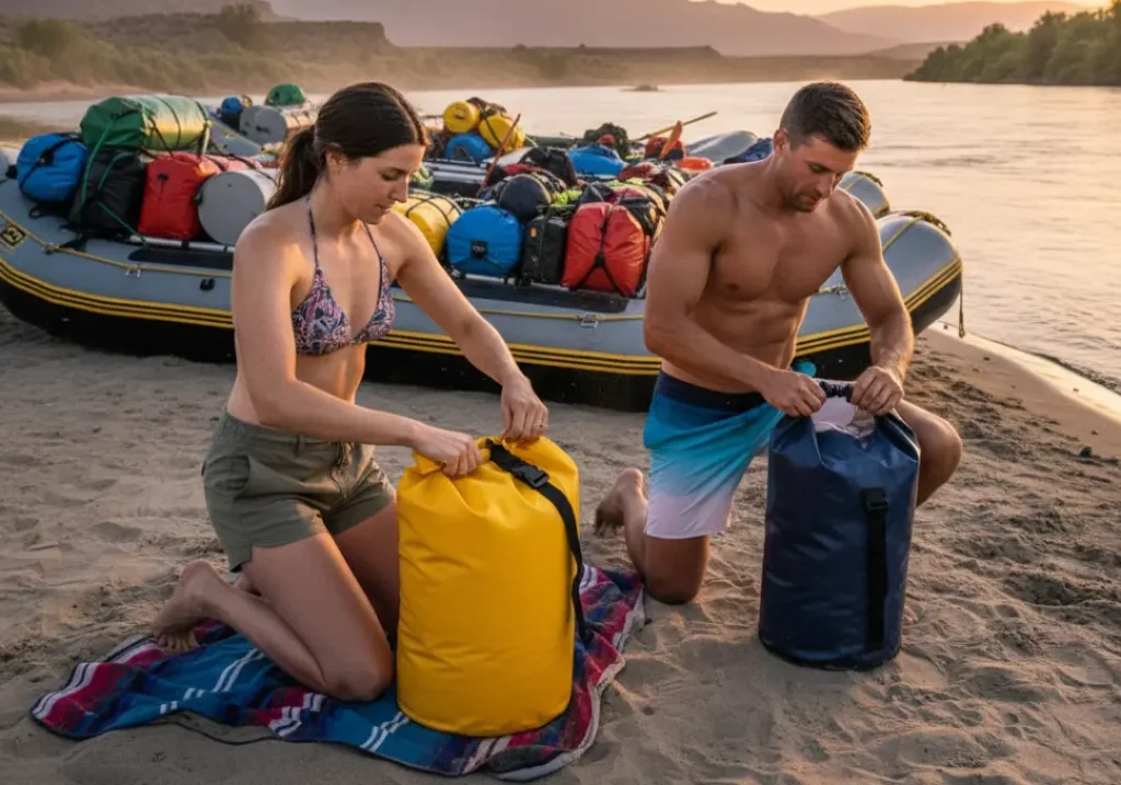 A young couple packs their personal gear into large waterproof dry bags on a river beach during a multi-day rafting trip.