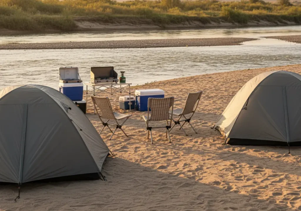 A well-organized multi-day rafting campsite on a sandy river beach with tents, chairs, and a kitchen setup.