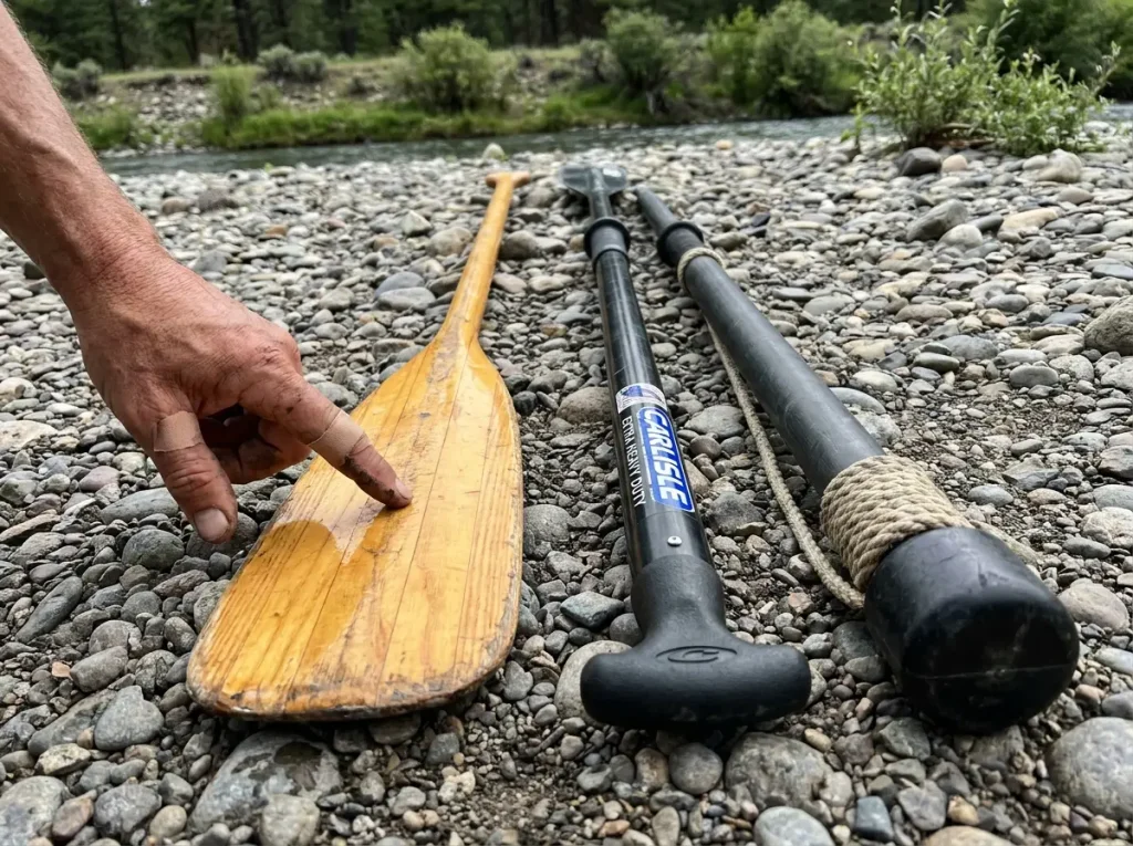 Three rafting oar shafts laid on a gravel bar showing wood, aluminum, and composite