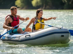 Rafting Oar Selection Guide: Wood vs. Carbon Fiber Test A full-body shot of a fit couple in their late 20s rafting on a sunny river; the man is rowing while the woman in a bikini points ahead.