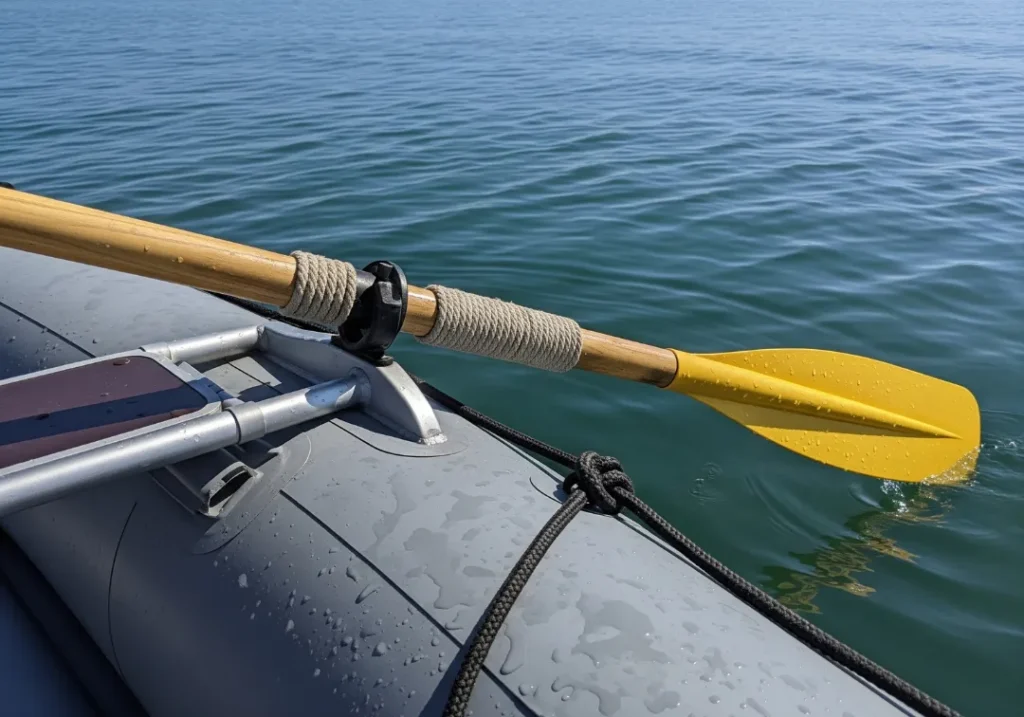 A medium shot of a complete rafting oar system, clearly showing the handle, shaft, oar stop, oarlock, and blade properly rigged on a raft.