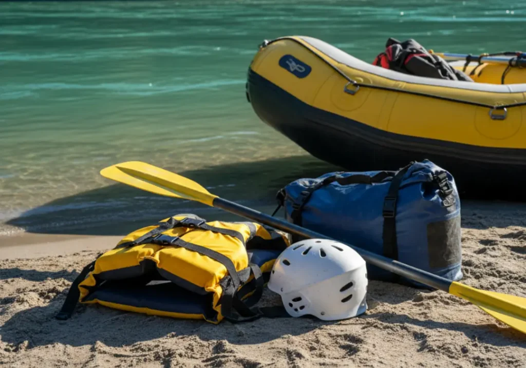 A collection of professional rafting gear, including a PFD, helmet, paddle, and raft, laid out on a sandy shore.
