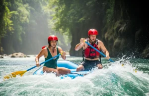 Rafting Pacuare River: A Rapid-by-Rapid Skill Analysis A full-body shot of a fit man and woman in their late 20s paddling hard in a whitewater raft on the Pacuare River, surrounded by lush canyon walls.