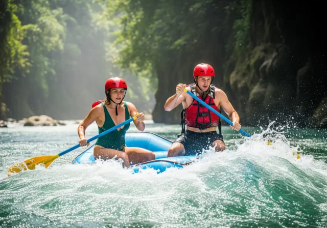rafting-pacuare-river-couple-navigating-rapids A full-body shot of a fit man and woman in their late 20s paddling hard in a whitewater raft on the Pacuare River, surrounded by lush canyon walls.