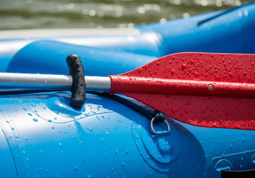 A medium shot of a whitewater rafting paddle's components—T-grip, shaft, and blade—resting on the side of a raft.