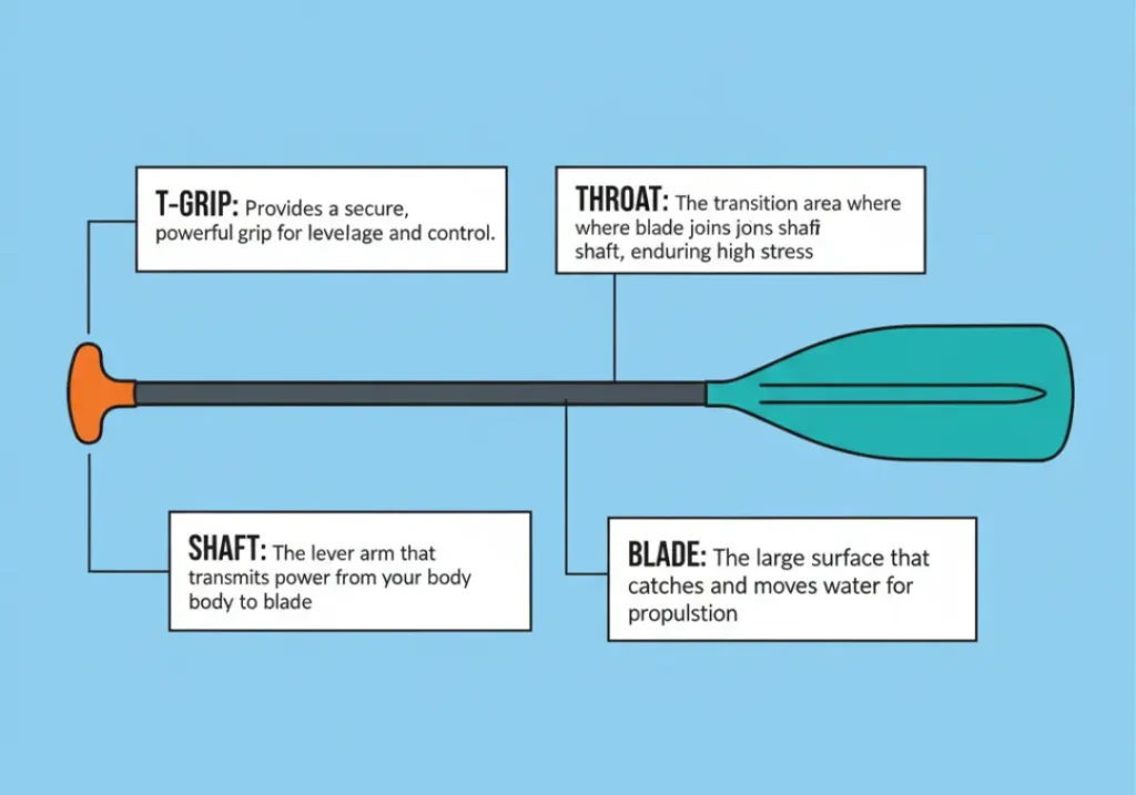 An infographic diagram showing the anatomy of a rafting paddle, with labels pointing to the T-Grip, Shaft, Throat, and Blade, explaining the function of each component.