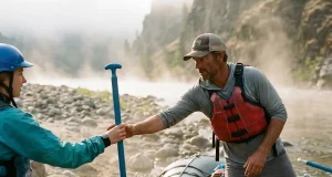 What Rafting Paddle Length Do You Actually Need? River guide handing a short 57-inch rafting paddle to a first-time paddle-crew guest at the put-in