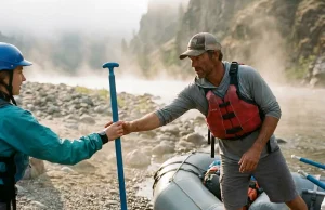 What Rafting Paddle Length Do You Actually Need? River guide handing a short 57-inch rafting paddle to a first-time paddle-crew guest at the put-in