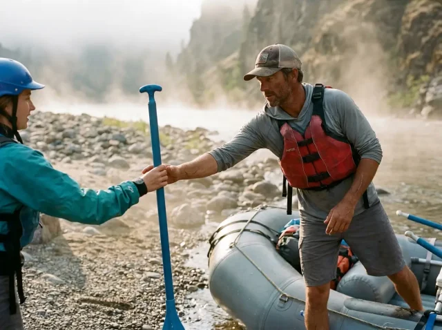 rafting-paddle-length-guide-putin-handoff River guide handing a short 57-inch rafting paddle to a first-time paddle-crew guest at the put-in