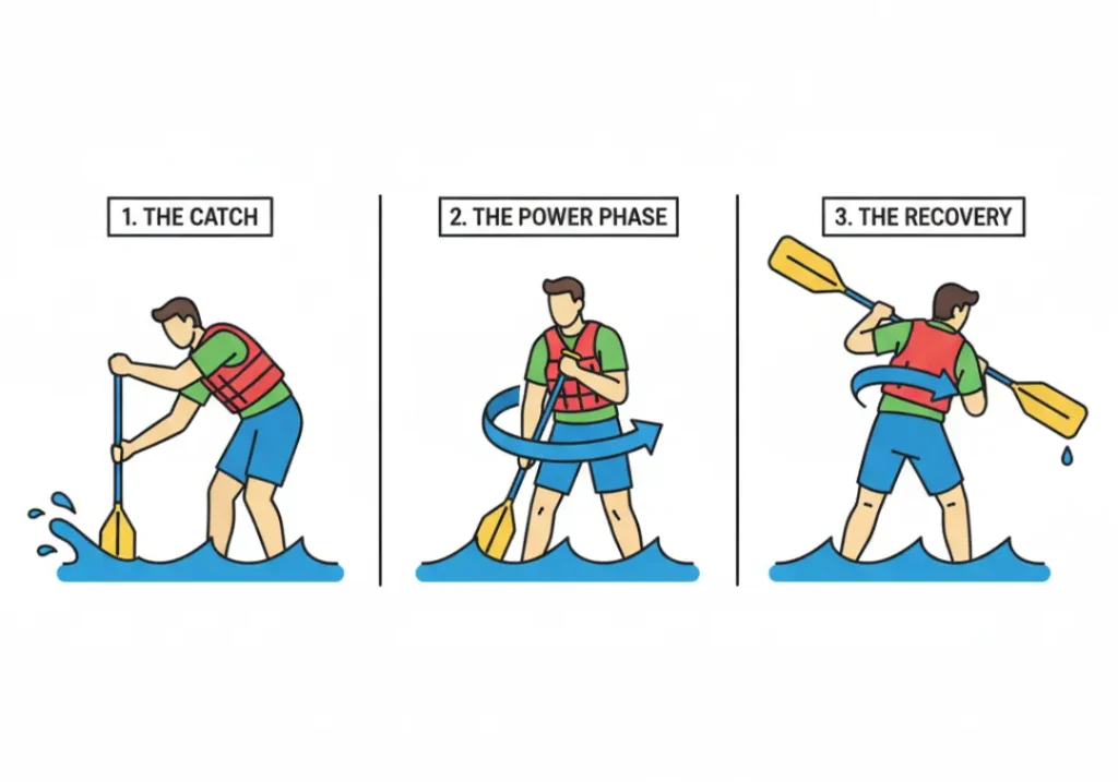 An infographic diagram in three panels illustrating the phases of a power stroke in rafting: The Catch with the blade entering the water, The Power Phase showing core rotation, and The Recovery with the blade exiting the water.