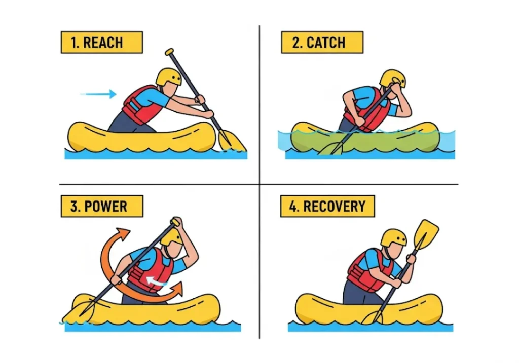 An infographic diagram in a modern cartoon style illustrating the four phases of a proper forward paddling stroke for rafting: Reach, Catch, Power, and Recovery. Each step shows a paddler demonstrating correct torso rotation and hand position